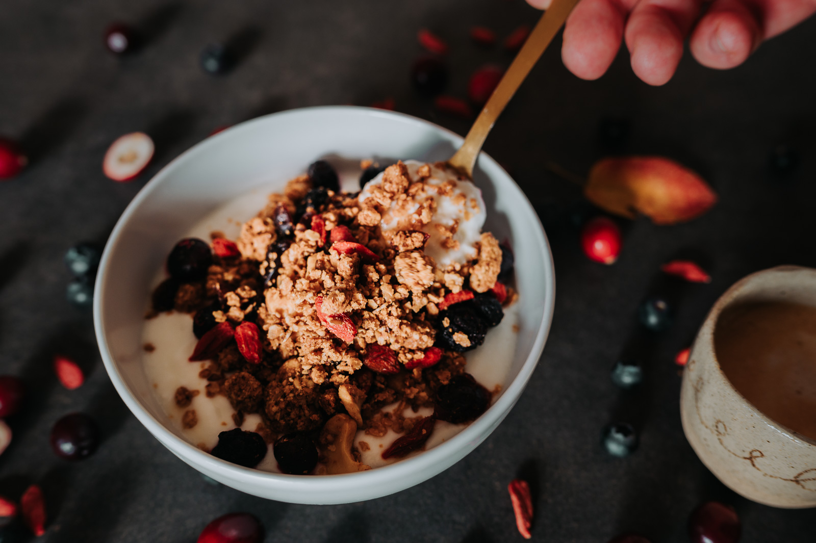 Veganská ovocná granola s borůvkami, brusinkami a kustovnicí